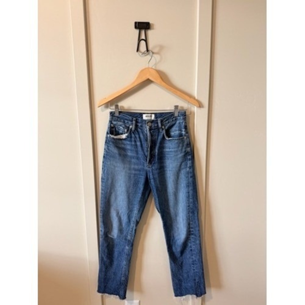 Agolde Riley High Rise Straight Leg Jeans Blue Organic Cotton Raw Hem